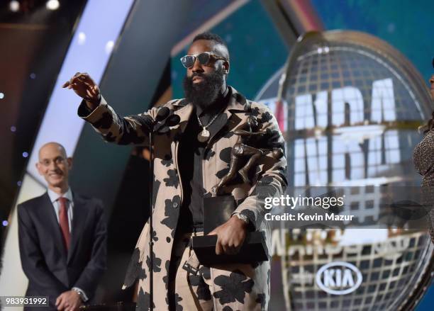 Winner James Harden speaks onstage at the 2018 NBA Awards at Barkar Hangar on June 25, 2018 in Santa Monica, California.