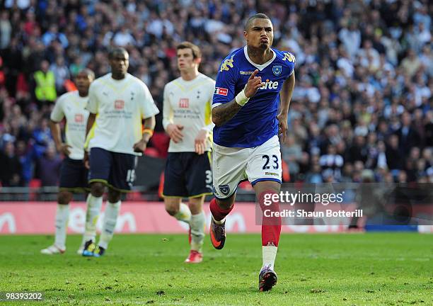 Kevin-Prince Boateng of Portsmouth celebrates the second goal during the FA Cup sponsored by E.ON Semi Final match between Tottenham Hotspur and...