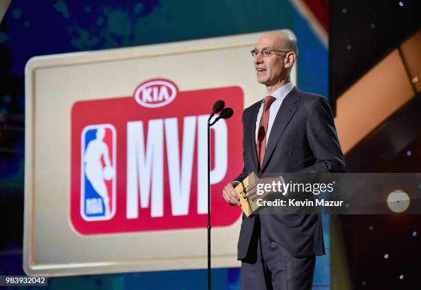 Commissioner Adam Silver speaks onstage at the 2018 NBA Awards at Barkar Hangar on June 25, 2018 in Santa Monica, California.