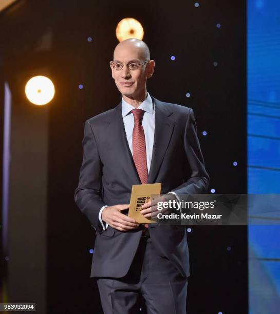 Commissioner Adam Silver speaks onstage at the 2018 NBA Awards at Barkar Hangar on June 25, 2018 in Santa Monica, California.