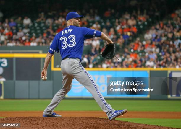 Toronto Blue Jays starting pitcher J.A. Happ prepares to throw a pitch during the baseball game between the Toronto Blue Jays and Houston Astros on...