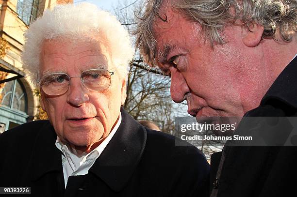 Director Tankred Dorst and writer Tilmann Spengler chat together after the funeral service for Wolfgang Wagner at festival opera house on April 11,...