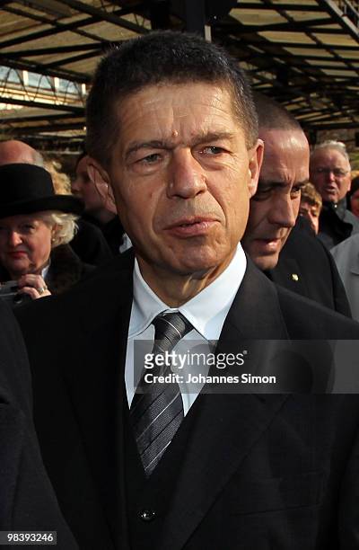 Joachim Sauer, husband of German chancellor Angela Merkel leaves the funeral service for Wolfgang Wagner at festival opera house on April 11, 2010 in...