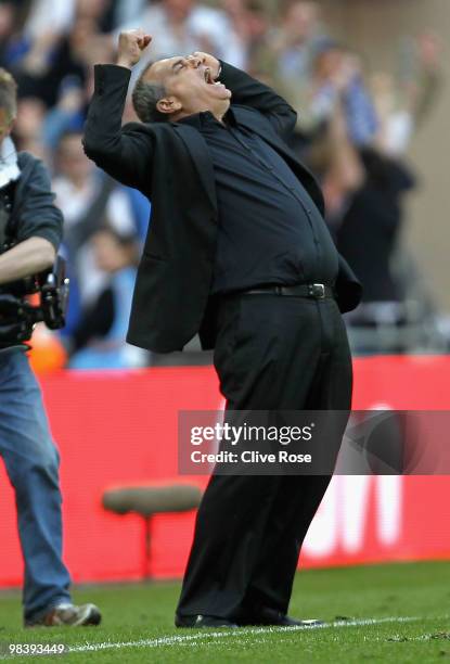 Portsmouth manager Avram Grant celebrates winning the game during the FA Cup sponsored by E.ON Semi Final match between Tottenham Hotspur and...