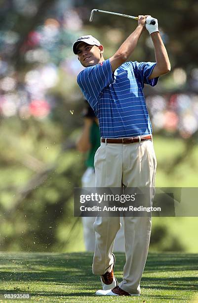 Bill Haas hits a shot on the first hole during the final round of the 2010 Masters Tournament at Augusta National Golf Club on April 11, 2010 in...