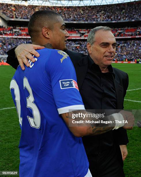 Portsmouth manager Avram Grant celebrates winning the game with Kevin-Prince Boateng of Portsmouth during the FA Cup sponsored by E.ON Semi Final...