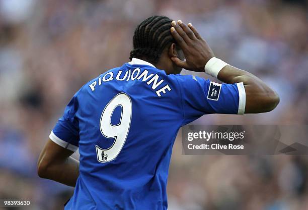 Frederic Piquionne of Portsmouth celebrates his goal during the FA Cup sponsored by E.ON Semi Final match between Tottenham Hotspur and Portsmouth at...