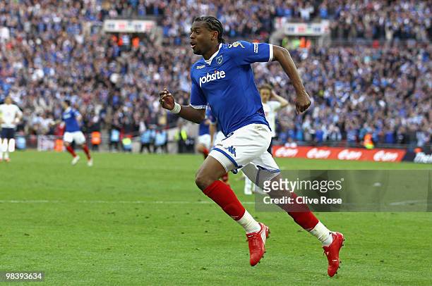 Frederic Piquionne of Portsmouth celebrates his goal during the FA Cup sponsored by E.ON Semi Final match between Tottenham Hotspur and Portsmouth at...