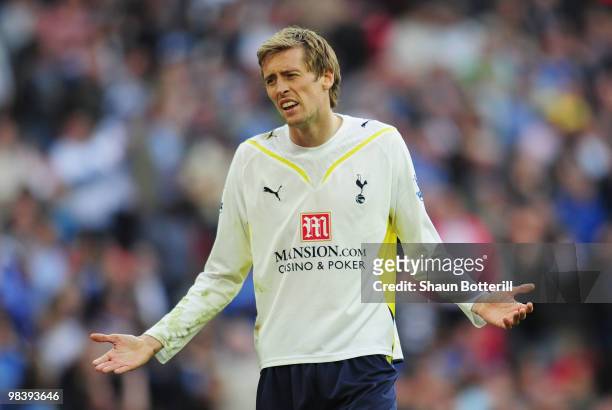 Peter Crouch of Tottenham Hotspur reacts after his goal is disallowed during the FA Cup sponsored by E.ON Semi Final match between Tottenham Hotspur...