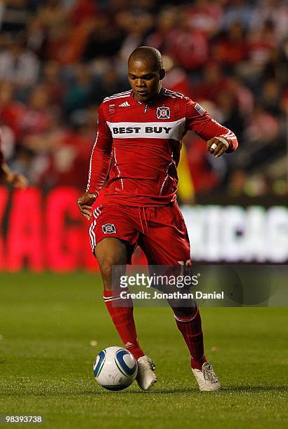 Collins John of the Chicago Fire controls the ball against the San Jose Earthquakes in an MLS match on April 10, 2010 at Toyota Park in Brideview,...