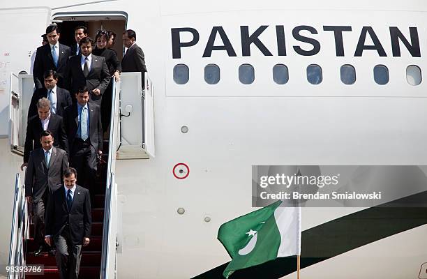 Pakistani Prime Minister Yousuf Raza Gilani arrives with his delegation April 11, 2010 at Andrews Air Force Base in Maryland. Leaders from around the...