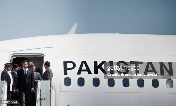 Pakistani Prime Minister Yousuf Raza Gilani arrives with his delegation April 11, 2010 at Andrews Air Force Base in Maryland. Leaders from around the...