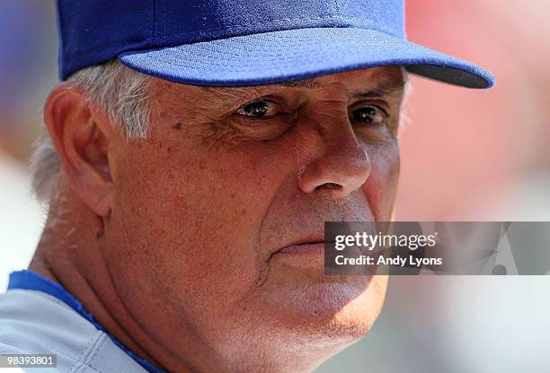 Manager Lou Piniella of the Chicago Cubs is pictured during the game against the Cincinnati Reds on April 11, 2010 at Great American Ball Park in...