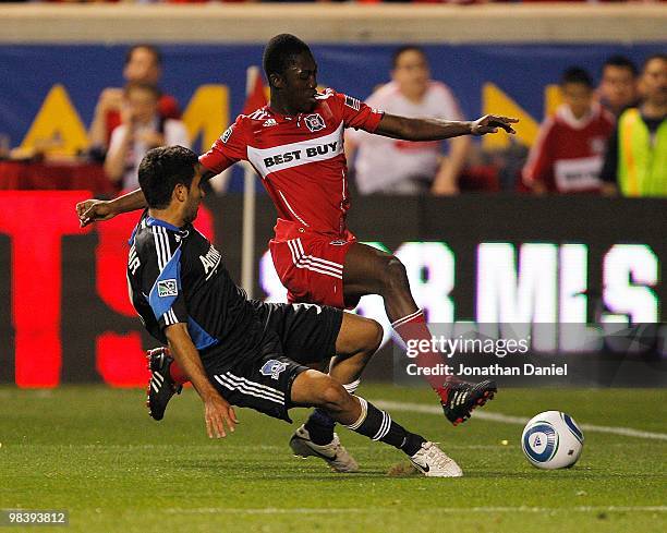 Steve Beitashour of the San Jose Earthquakes dives to block a shot by Patrick Nyarko of the Chicago Fire in an MLS match on April 10, 2010 at Toyota...