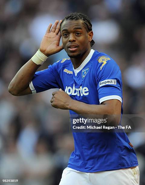 Frederic Piquionne of Portsmouth celebrates his goal during the FA Cup sponsored by E.ON Semi Final match between Tottenham Hotspur and Portsmouth at...