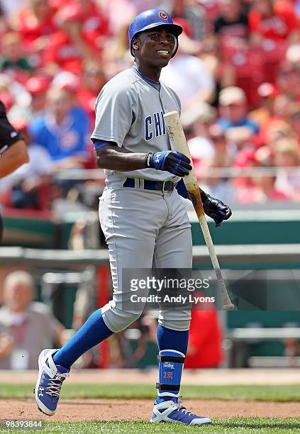Alfonso Soriano of the Chicago Cubs is pictured after striking out during the game against the Cincinnati Reds on April 11, 2010 at Great American...