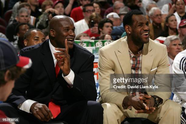 Shaquille O'Neal and LeBron James of the Cleveland Cavaliers share a laugh during the game against the Orlando Magic on April 11, 2010 at The Quicken...