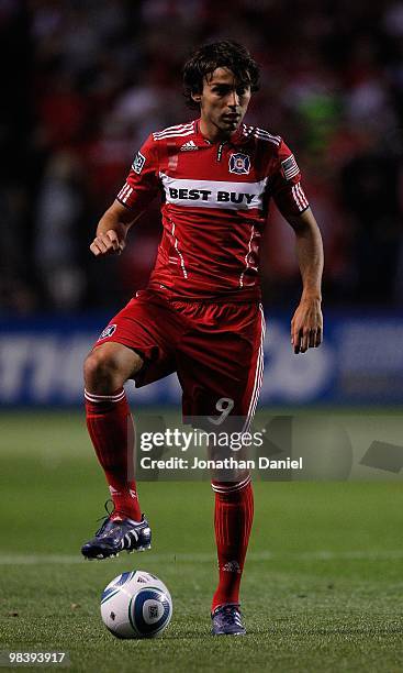 Baggio Husidic of the Chicago Fire controls the ball against the San Jose Earthquakes in an MLS match on April 10, 2010 at Toyota Park in Brideview,...