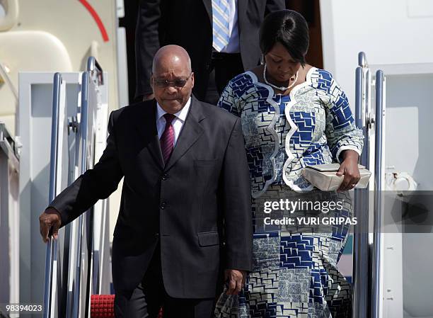 President of South Africa Jacob Zuma and his wife Thobeka arrive at the Andrews Air Force base for the Nuclear Security Summit in Washington April...