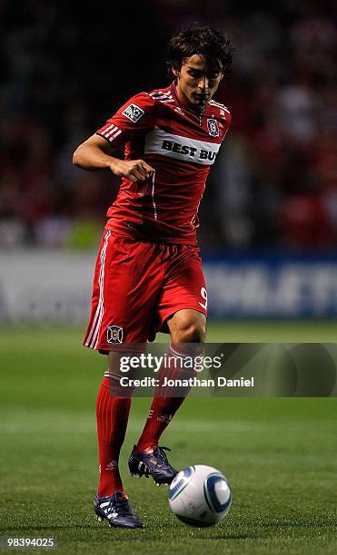 Baggio Husidic of the Chicago Fire controls the ball against the San Jose Earthquakes in an MLS match on April 10, 2010 at Toyota Park in Brideview,...