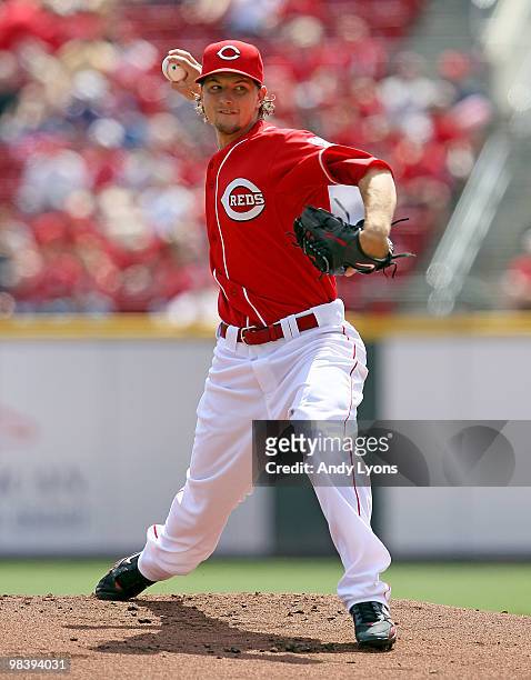Mike Leake of the Cincinnati Reds throws a pitch during the game against the Chicago Cubs on April 11, 2010 at Great American Ball Park in...
