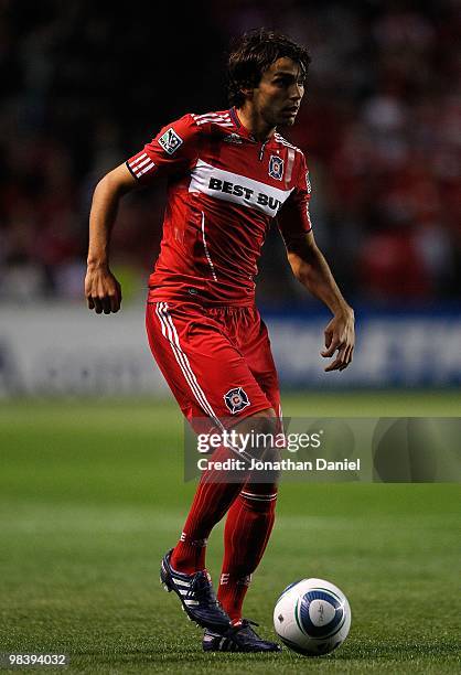 Baggio Husidic of the Chicago Fire controls the ball against the San Jose Earthquakes in an MLS match on April 10, 2010 at Toyota Park in Brideview,...