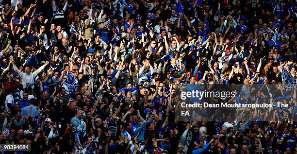 Portsmouth fans celebrate victory after the FA Cup sponsored by E.ON Semi Final match between Tottenham Hotspur and Portsmouth at Wembley Stadium on...