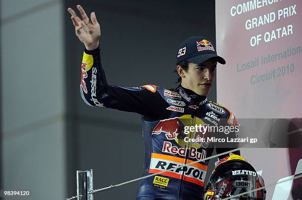 Marc Marquez of Spain and Red Bull AJo Motorsport celebrates on the podium the third place at the end of the 125 cc race of the Qatar Grand Prix at...
