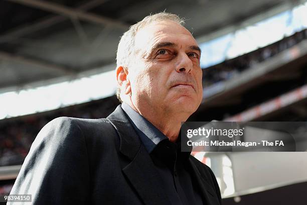 Portsmouth manager Avram Grant looks on after winning the game during the FA Cup sponsored by E.ON Semi Final match between Tottenham Hotspur and...