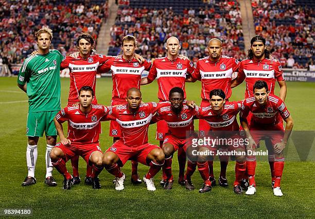 Members of the Chicago Fire pose for a starting 11 team photo before a match against the San Jose Earthquakes on April 10, 2010 at Toyota Park in...