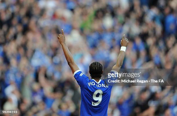 Frederic Piquionne of Portsmouth celebrates after his goal during the FA Cup sponsored by E.ON Semi Final match between Tottenham Hotspur and...