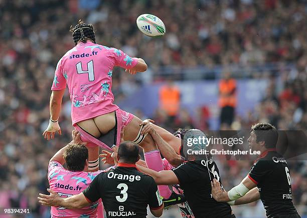 Tom Palmer of Stade Francais has pants shorts pulled during the line out during the Heineken Cup Quarter Final match between Stade Toulousain and...