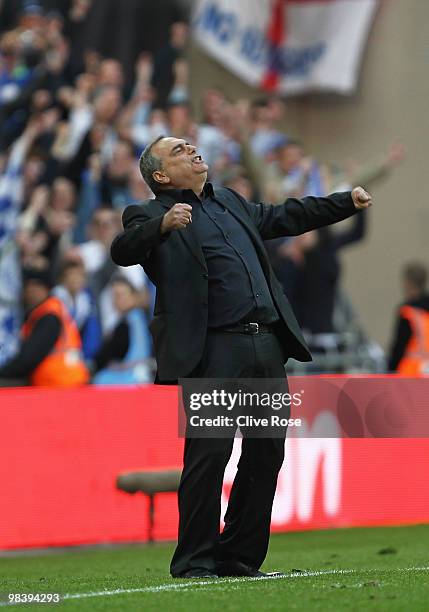 Portsmouth manager Avram Grant celebrates victory after the final whistle during the FA Cup sponsored by E.ON Semi Final match between Tottenham...