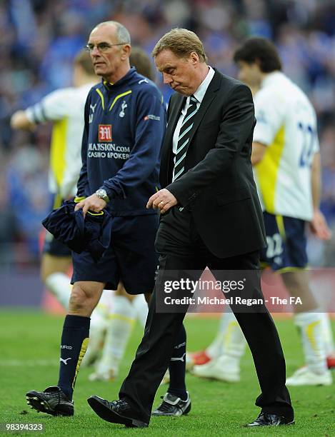 Tottenham Hotspur manager Harry Redknapp walks during the FA Cup sponsored by E.ON Semi Final match between Tottenham Hotspur and Portsmouth at...