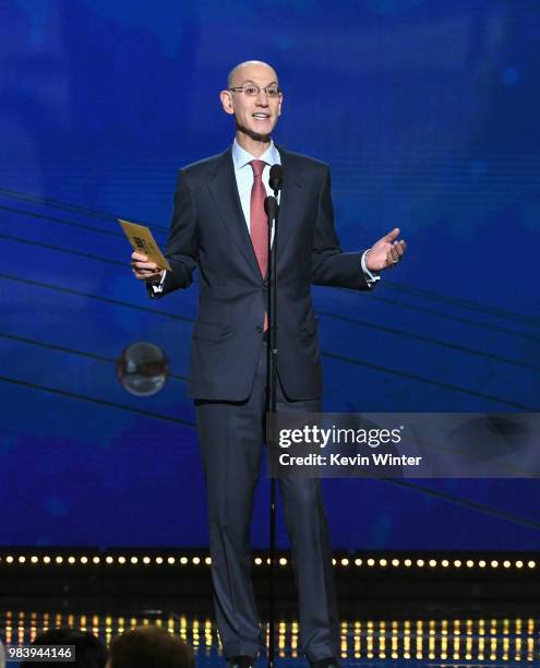 Adam Silver speaks onstage at the 2018 NBA Awards at Barkar Hangar on June 25, 2018 in Santa Monica, California.