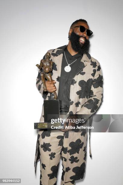 James Harden of the Houston Rockets poses for a portrait after winning the Most Valuable Player Award at the NBA Awards Show on June 25, 2018 at the...