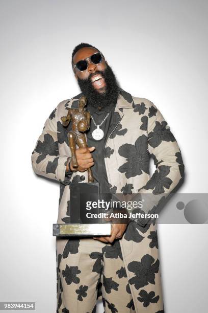 James Harden of the Houston Rockets poses for a portrait after winning the Most Valuable Player Award at the NBA Awards Show on June 25, 2018 at the...