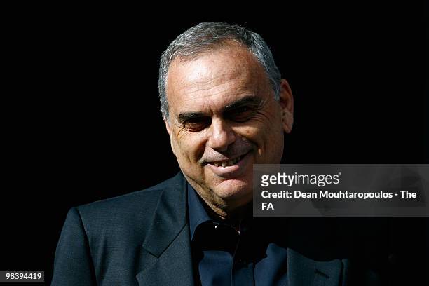Portsmouth manager Avram Grant smiles ahead of the FA Cup sponsored by E.ON Semi Final match between Tottenham Hotspur and Portsmouth at Wembley...