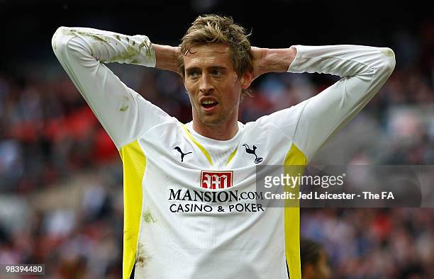 Peter Crouch of Tottenham Hotspur puts his arms to his head during the FA Cup sponsored by E.ON Semi Final match between Tottenham Hotspur and...