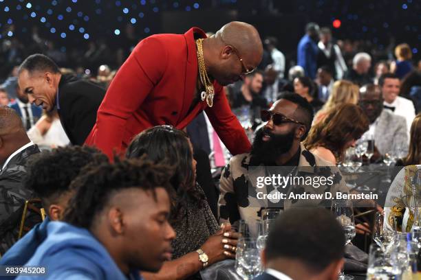 Tucker of the Houston Rockets talks to James Harden of the Houston Rockets during the 2018 NBA Awards Show on June 25, 2018 at The Barkar Hangar in...