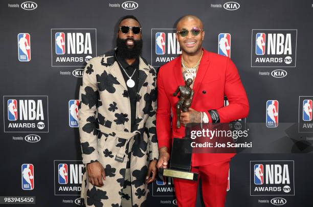 Winner James Harden poses with P.J. Tucker at the 2018 NBA Awards at Barkar Hangar on June 25, 2018 in Santa Monica, California.