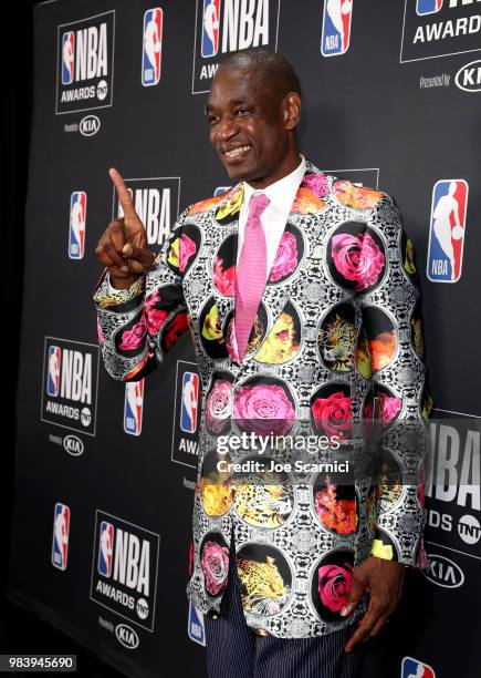 Sager Strong winner Dikembe Mutombo poses in his jacket at the 2018 NBA Awards at Barkar Hangar on June 25, 2018 in Santa Monica, California.