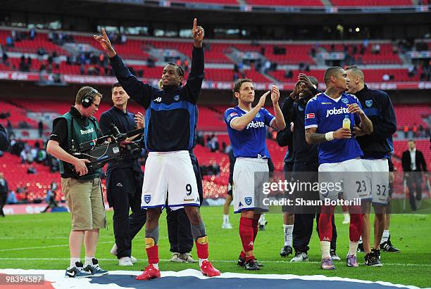 Frederic Piquionne of Portsmouth celebrates victory with his teammates after the FA Cup sponsored by E.ON Semi Final match between Tottenham Hotspur...