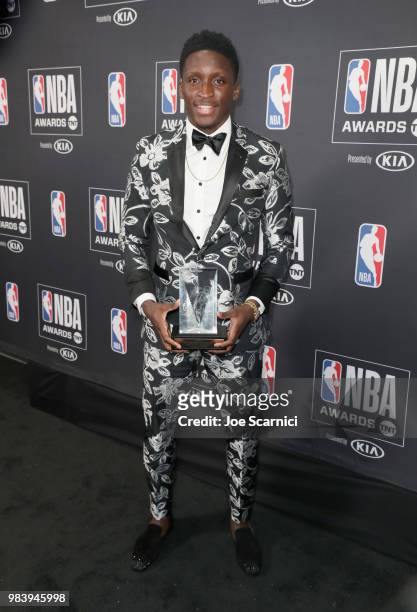 Most Improved Player Victor Oladipo attends the 2018 NBA Awards at Barkar Hangar on June 25, 2018 in Santa Monica, California.