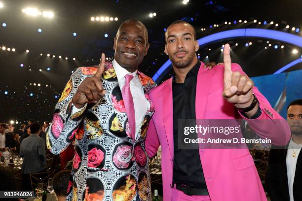 Dikembe Mutombo and Rudy Gobert of the Utah Jazz pose for a photograph during the 2018 NBA Awards Show on June 25, 2018 at The Barkar Hangar in Santa...