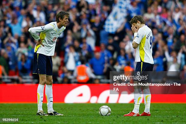 Peter Crouch and Roman Pavlyuchenko of Tottenham Hotspur look dejected during the FA Cup sponsored by E.ON Semi Final match between Tottenham Hotspur...