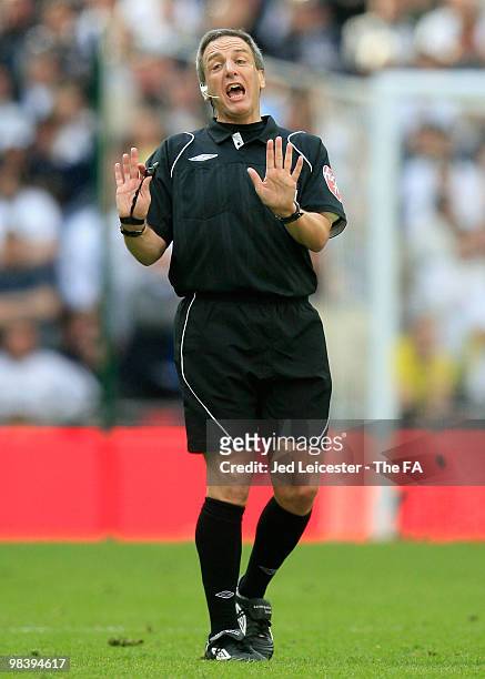 Referee Alan Wiley gestures during the FA Cup sponsored by E.ON Semi Final match between Tottenham Hotspur and Portsmouth at Wembley Stadium on April...