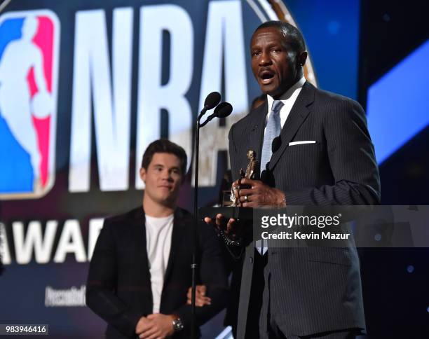 Coach of the Year Dwane Casey speaks onstage at the 2018 NBA Awards at Barkar Hangar on June 25, 2018 in Santa Monica, California.