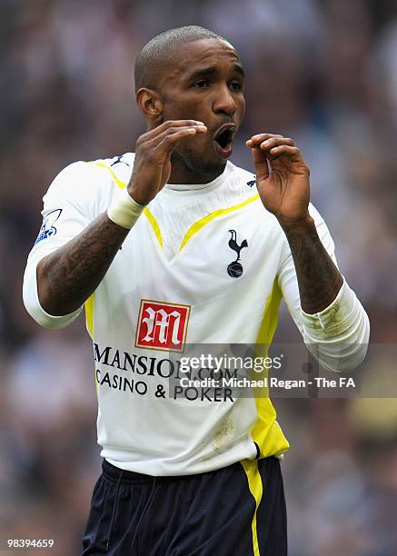 Jermain Defoe of Tottenham Hotspur calls out to his teammates during the FA Cup sponsored by E.ON Semi Final match between Tottenham Hotspur and...
