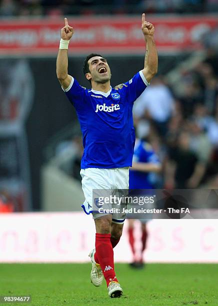 Ricardo Rocha of Portsmouth celebrates the goal scored by Frederic Piquionne during the FA Cup sponsored by E.ON Semi Final match between Tottenham...